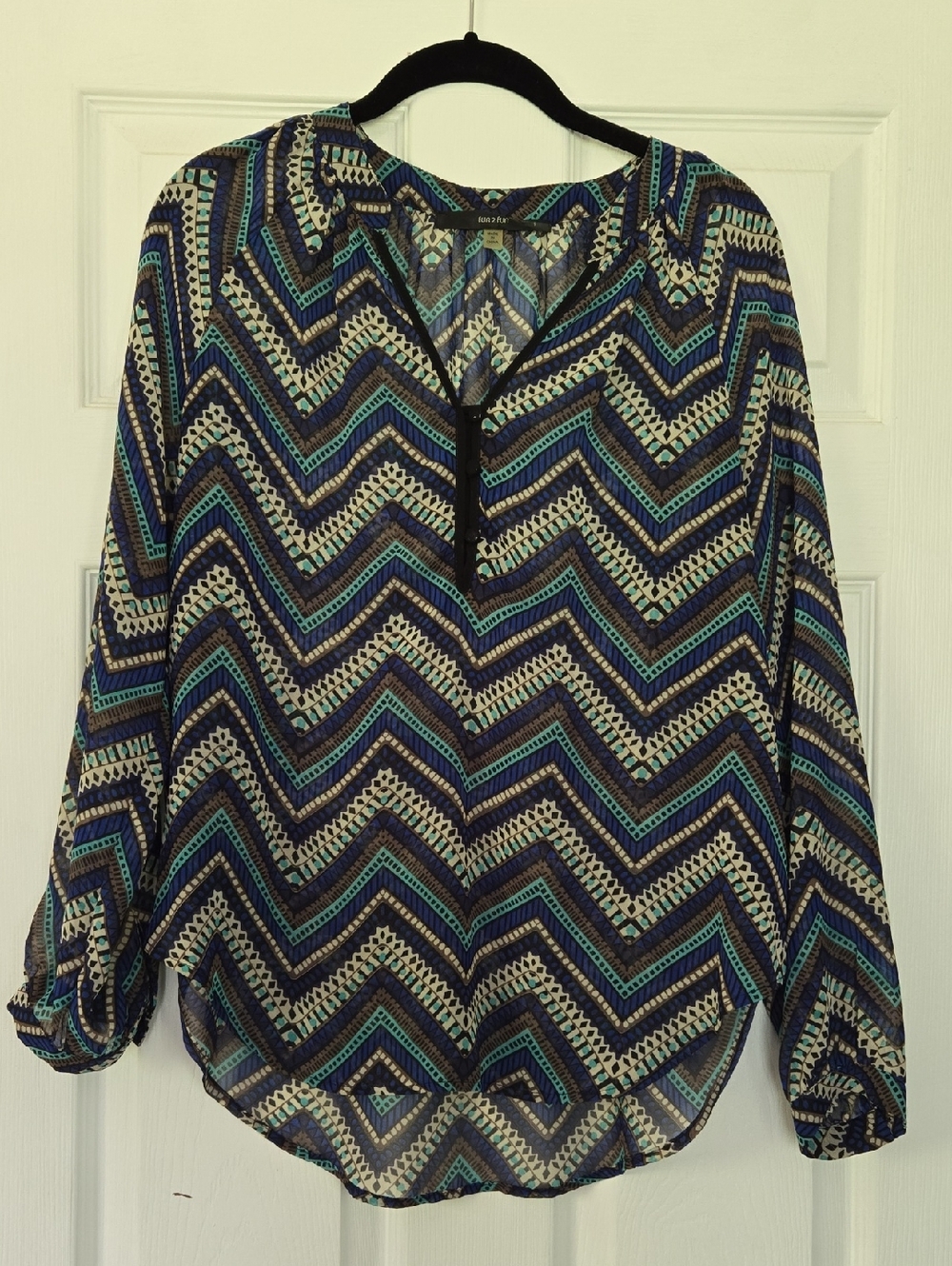 fun 2 fun Navy, Teal & Cream Chevron Long-Sleeve Blouse